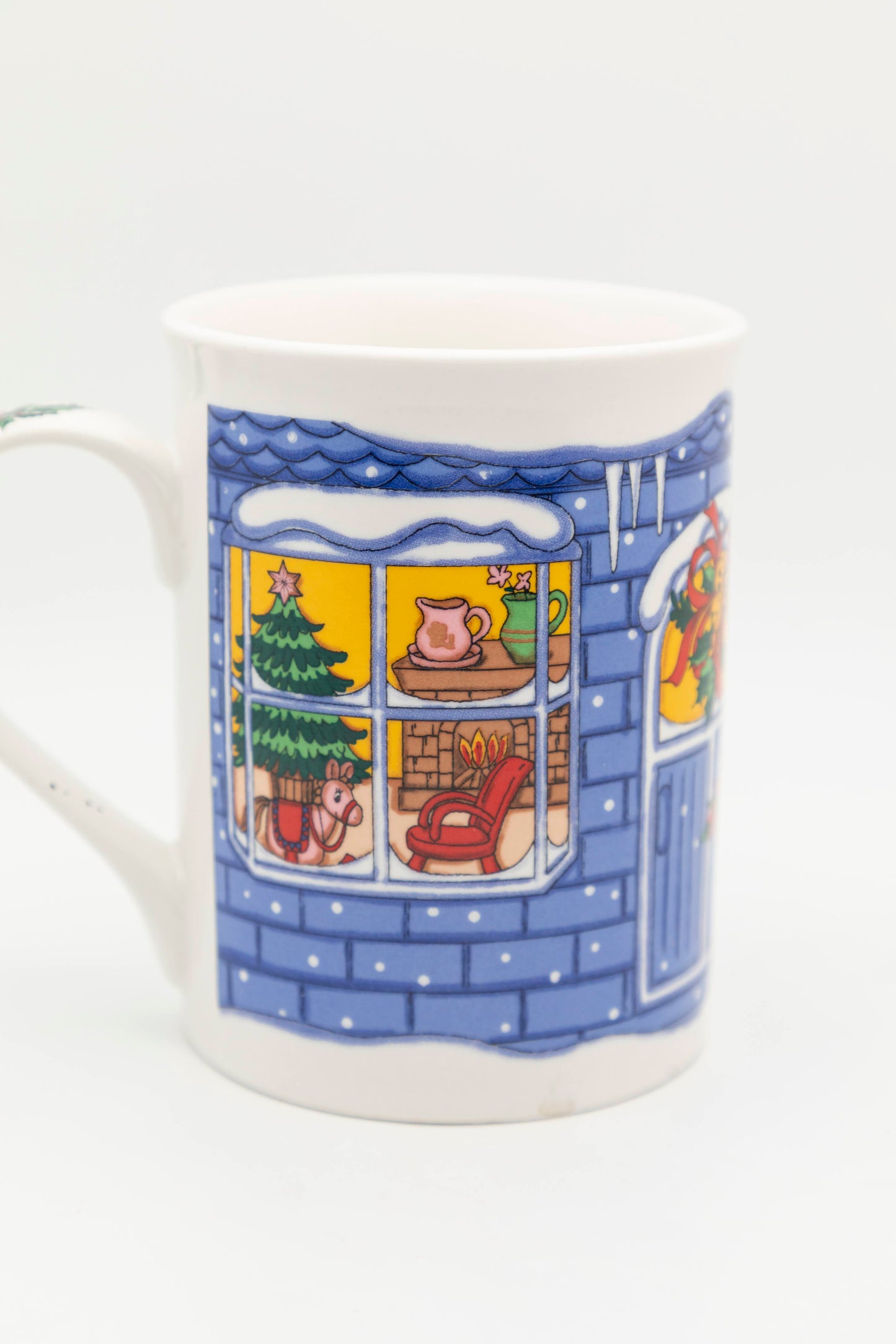 blue and white christmas window mug