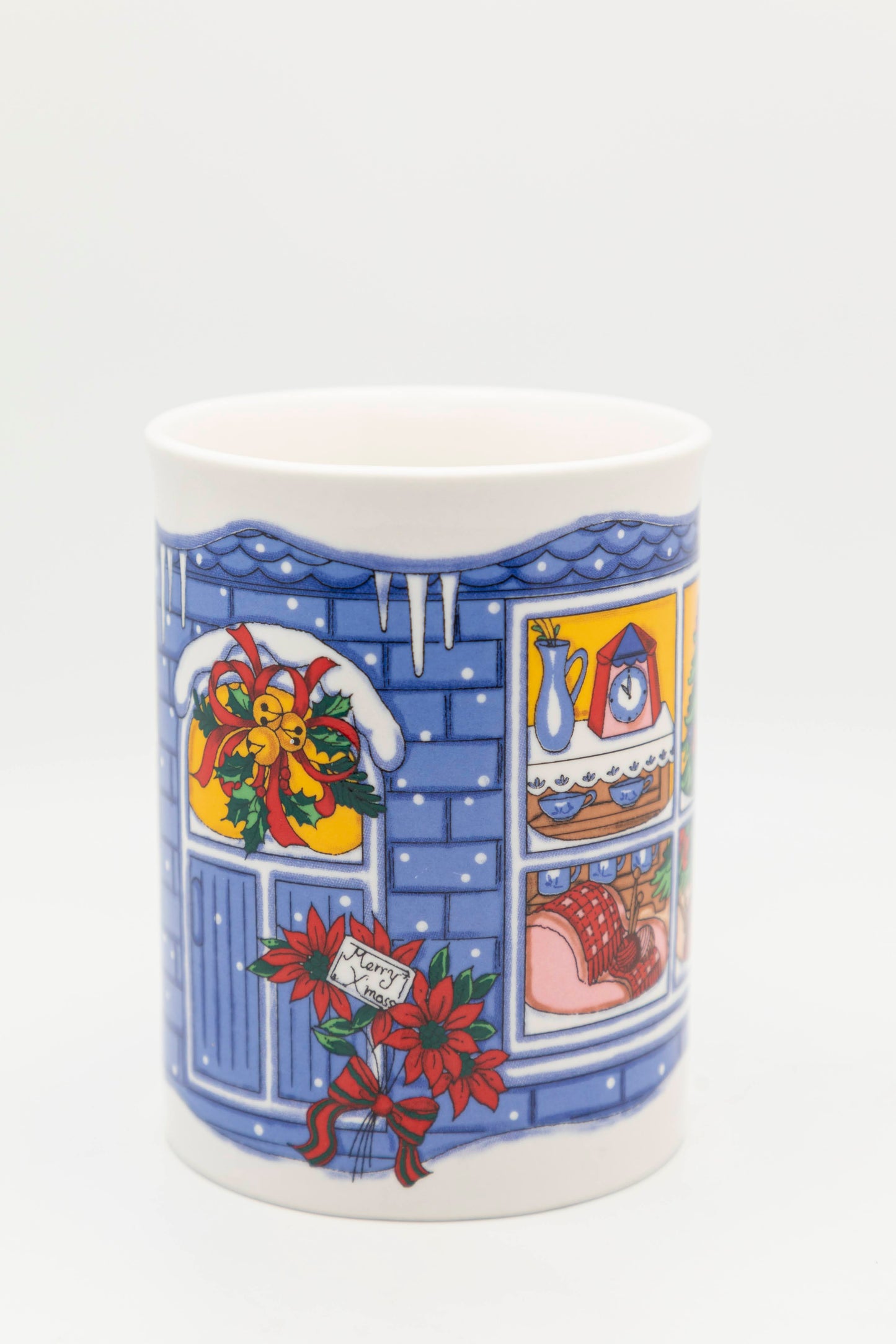 blue and white christmas window mug