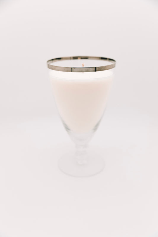 silver rimmed glass vessel